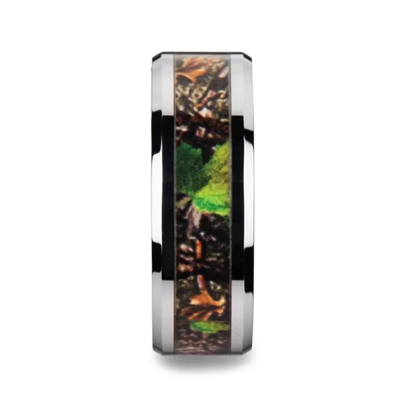 Realistic Tree Camo Tungsten Ring for Men With Green Leaves & Polished Finish