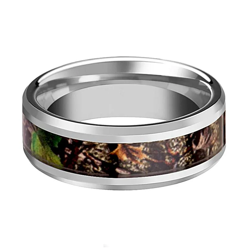 Realistic Tree Camo Tungsten Ring for Men With Green Leaves & Polished Finish