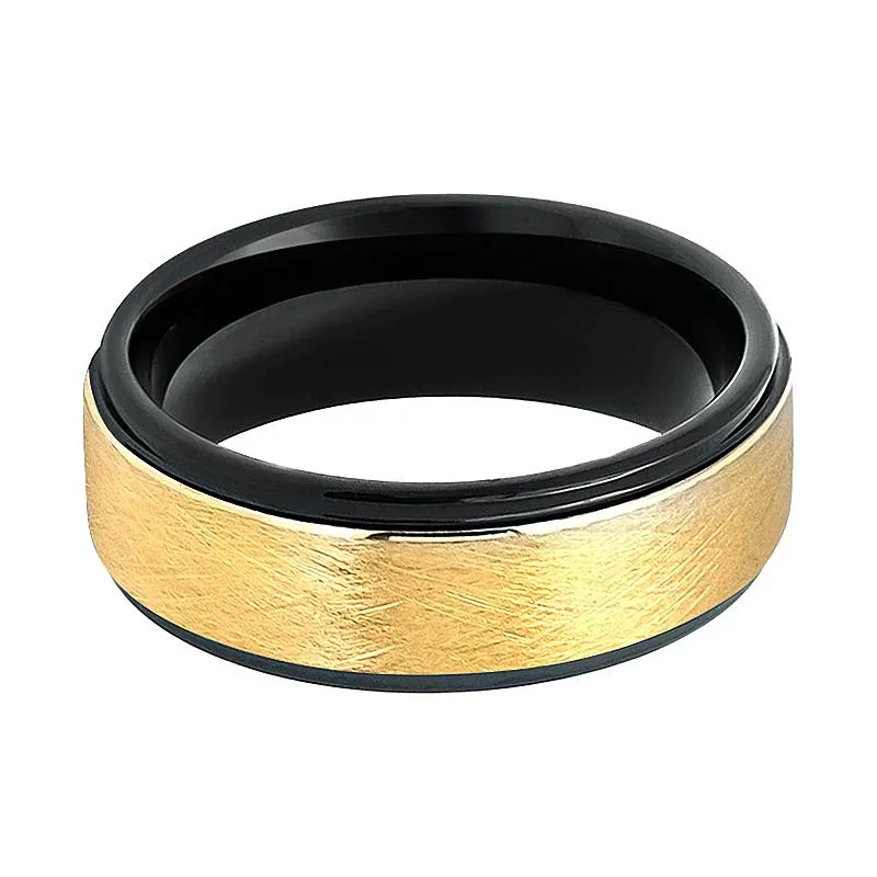 REBECK | Black Tungsten Ring, Gold Wire Brushed, Stepped Edge