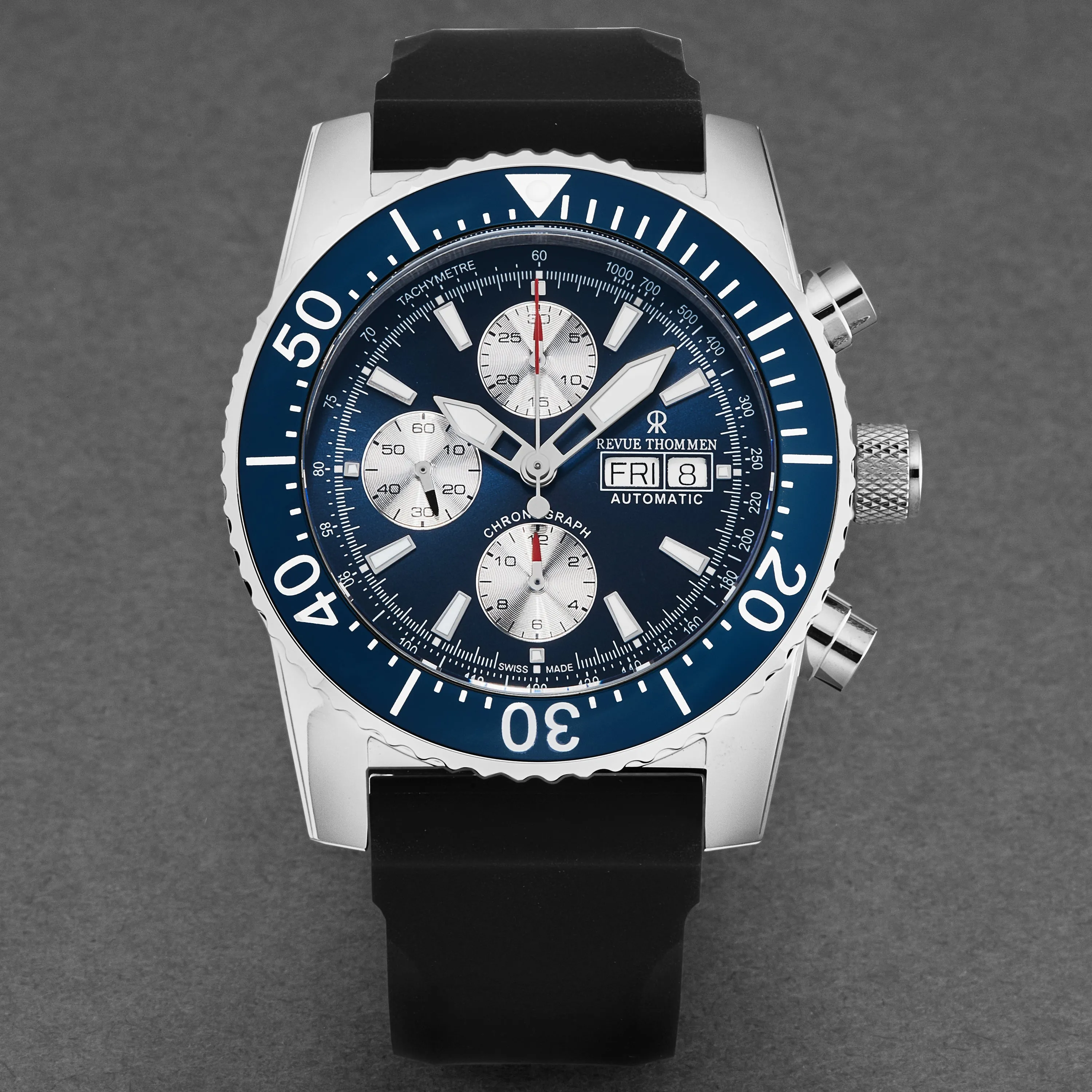 Revue Thommen Men's 17030.6535 'Divers' Blue Dial Day-Date Chronograph Blue Dial Black Rubber Strap Automatic Watch