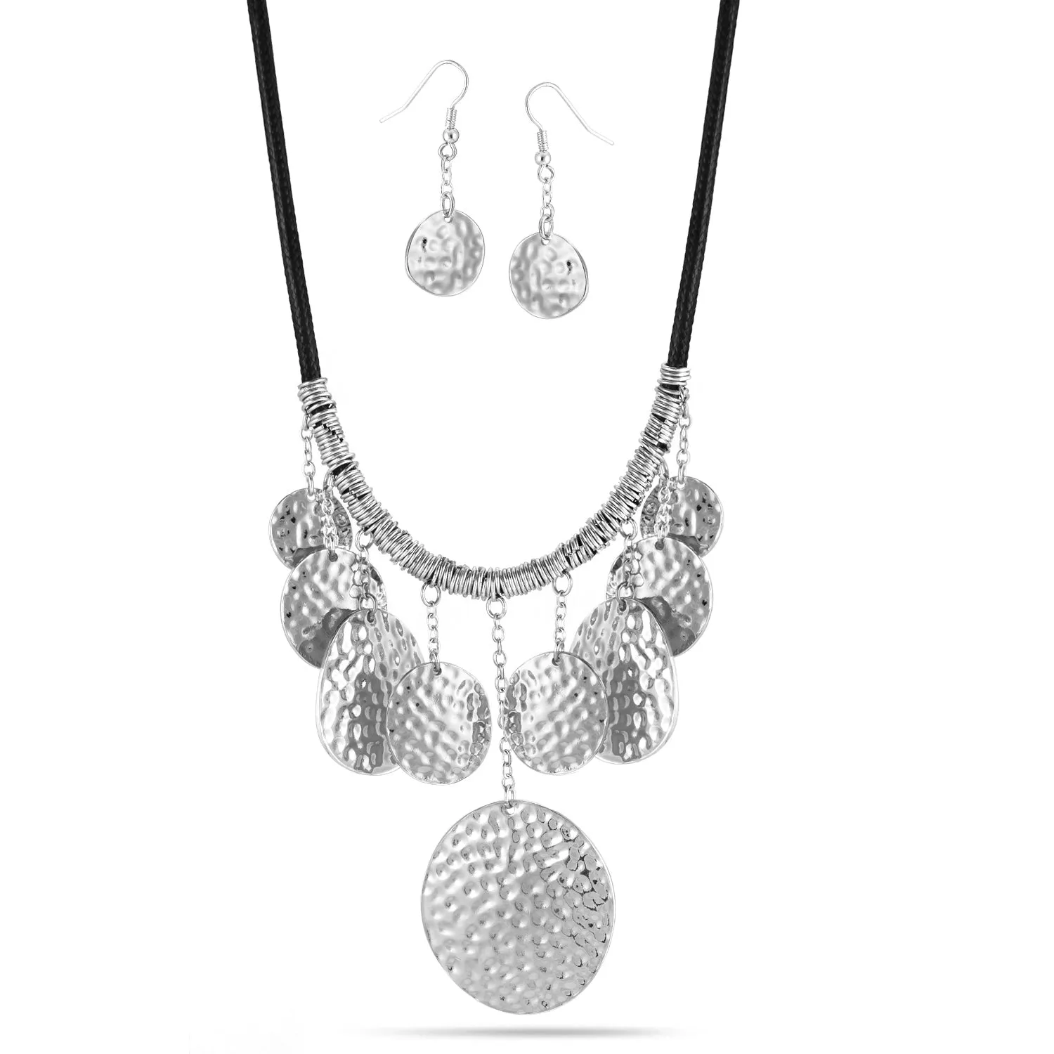 RHODIUM HAMMERED EARRINGS AND  NECKLACES SET #SQ4945RH (AG16/AH16)