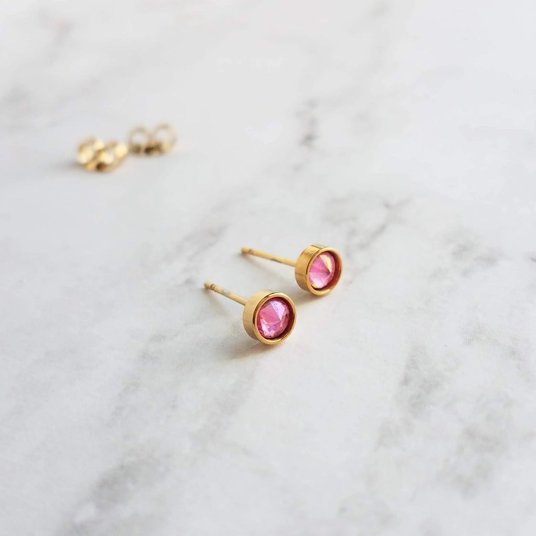Rose Pink Stud Earrings, little gold stud, light pink stud, opalescent pink, small round rhinestone gem, tiny hypoallergenic stainless steel