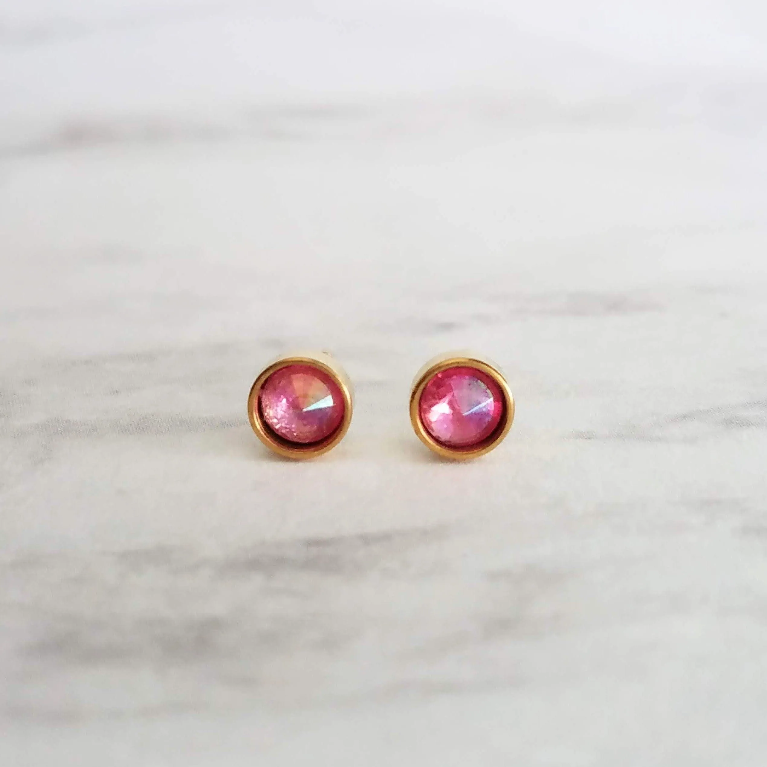 Rose Pink Stud Earrings, little gold stud, light pink stud, opalescent pink, small round rhinestone gem, tiny hypoallergenic stainless steel