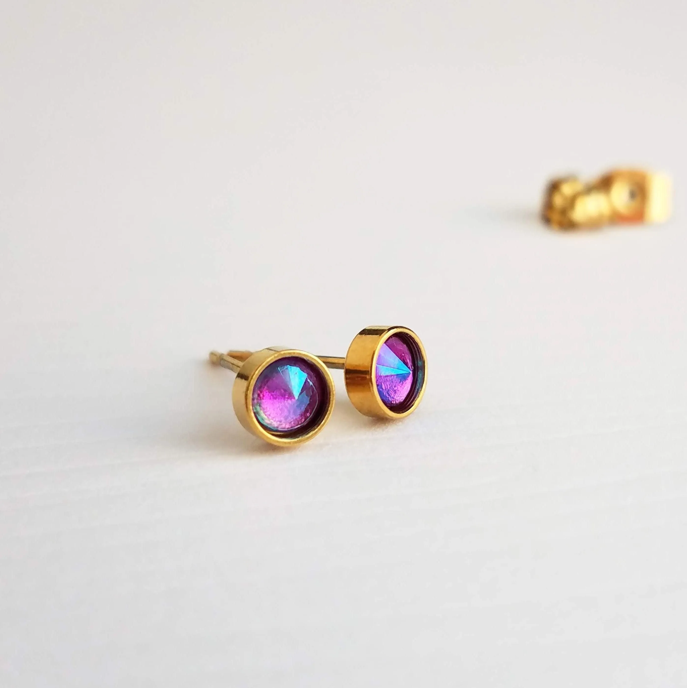 Rose Pink Stud Earrings, little gold stud, light pink stud, opalescent pink, small round rhinestone gem, tiny hypoallergenic stainless steel