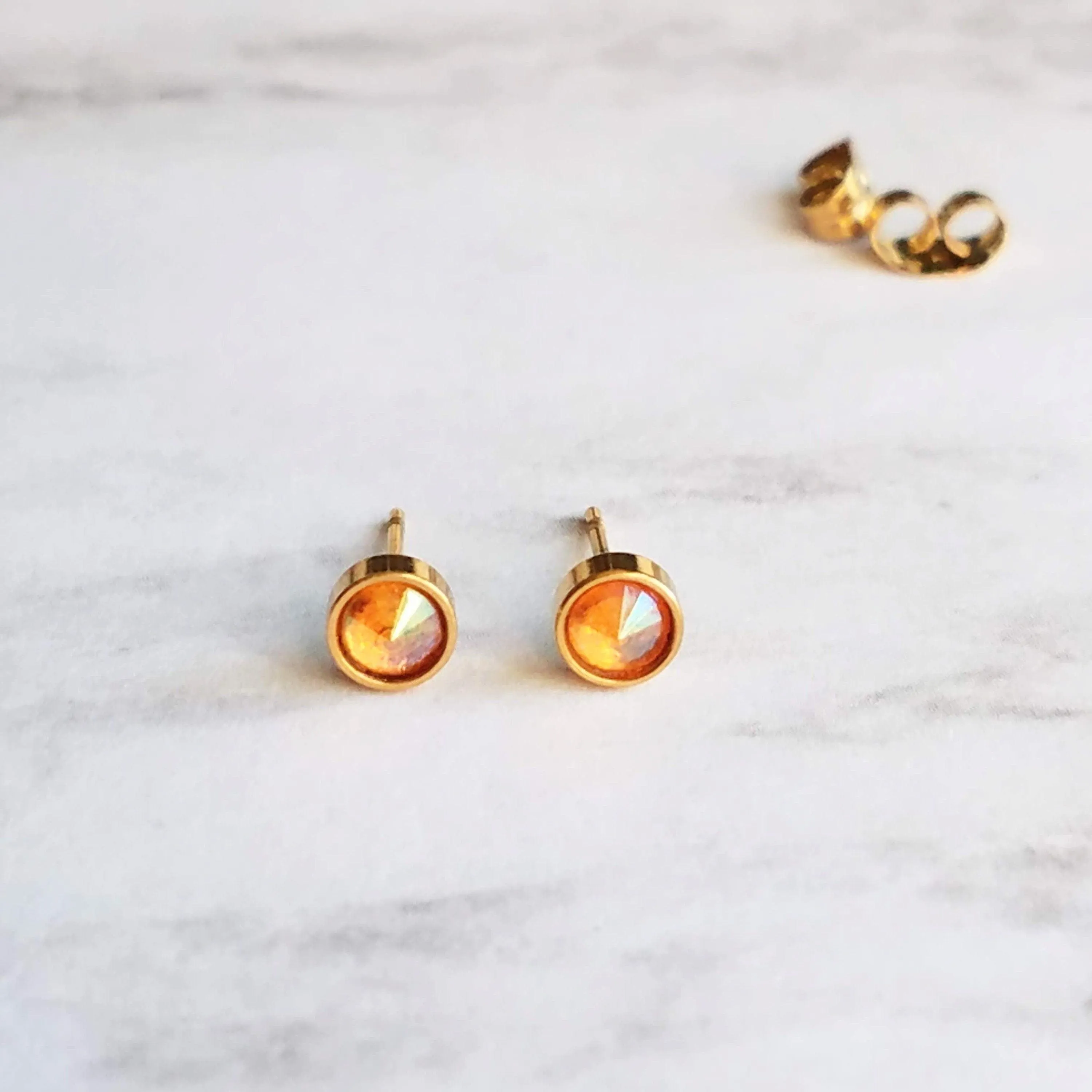 Rose Pink Stud Earrings, little gold stud, light pink stud, opalescent pink, small round rhinestone gem, tiny hypoallergenic stainless steel