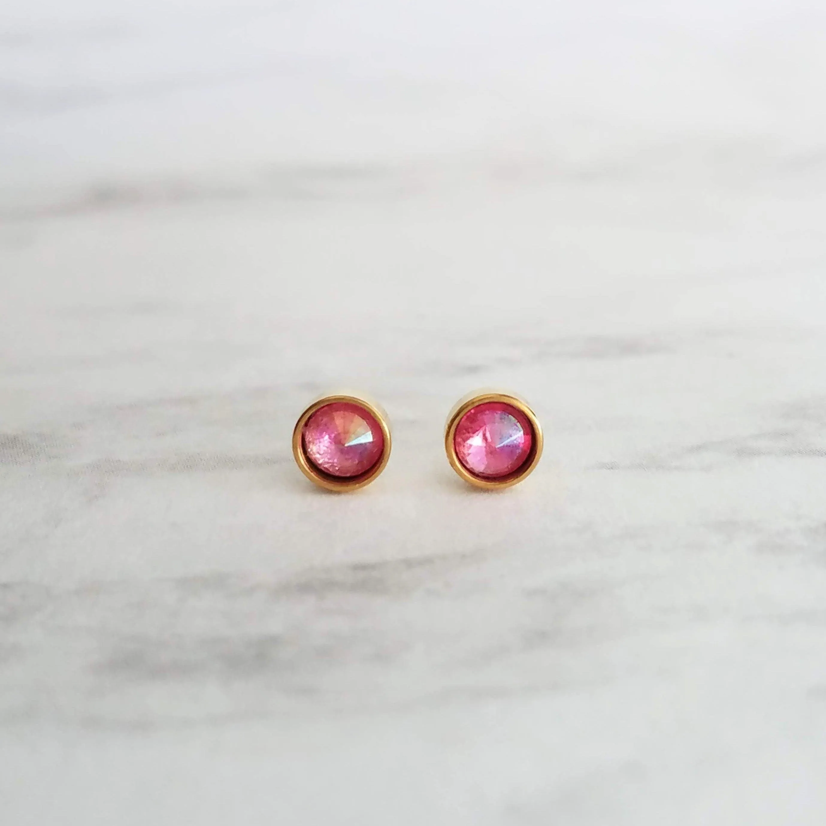 Rose Pink Stud Earrings, little gold stud, light pink stud, opalescent pink, small round rhinestone gem, tiny hypoallergenic stainless steel