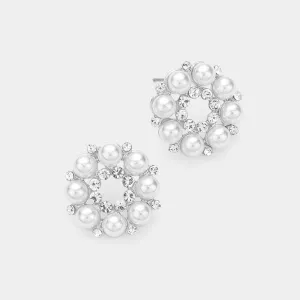 Round Stone and White Pearl Flower Stud Earrings | Wedding Jewelry | 619614