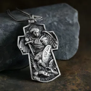 Saint Michael Archangel Silver Cross Necklace Jewelry Gift