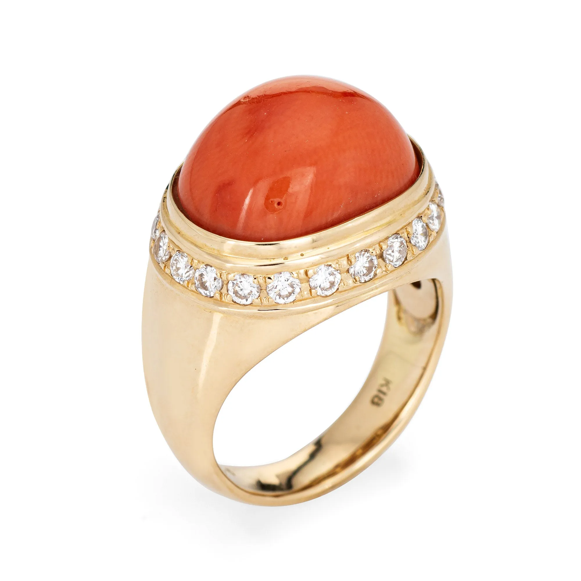 Salmon Coral Diamond Ring Estate 18k Yellow Gold East West Mount Jewelry 5.5