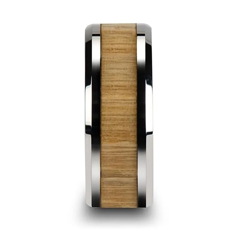 SAMARA | Silver Tungsten Ring, Ash Wood Inlay, Beveled