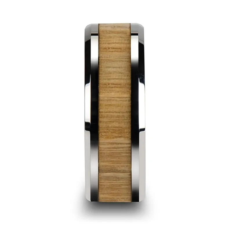 SAMARA | Silver Tungsten Ring, Ash Wood Inlay, Beveled