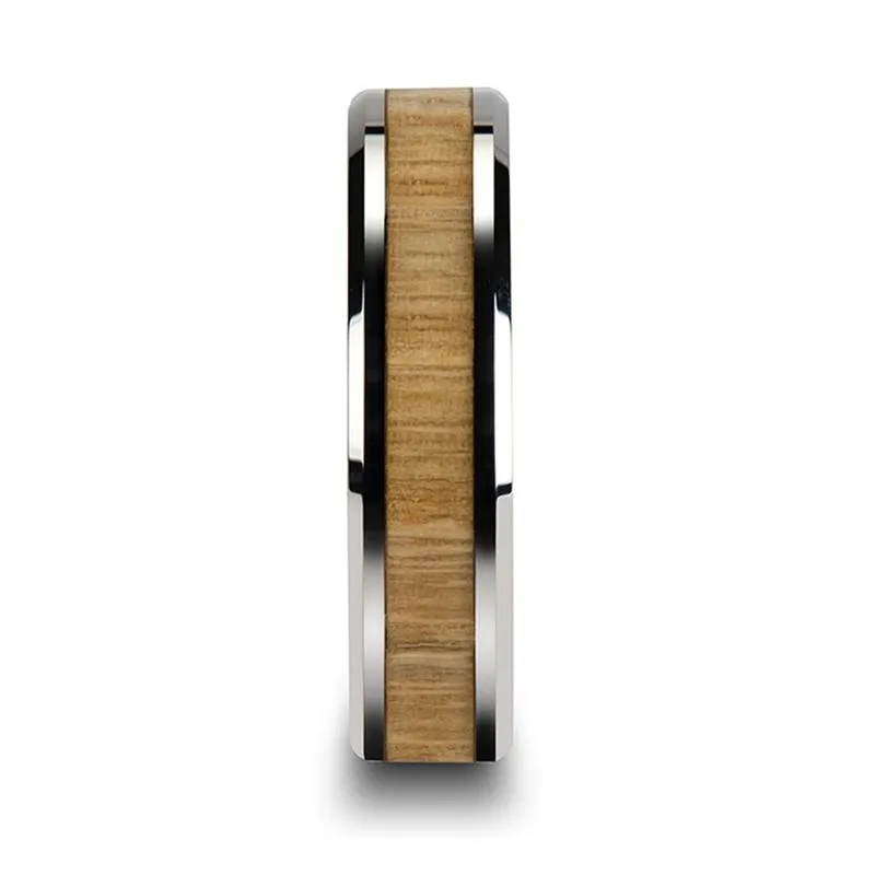 SAMARA | Silver Tungsten Ring, Ash Wood Inlay, Beveled