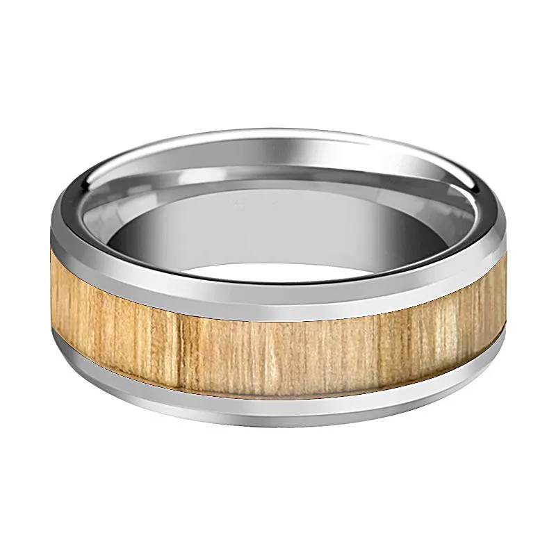SAMARA | Silver Tungsten Ring, Ash Wood Inlay, Beveled