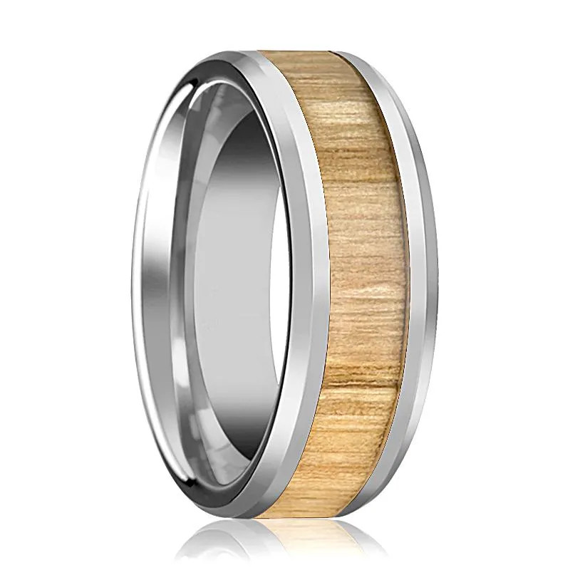 SAMARA | Silver Tungsten Ring, Ash Wood Inlay, Beveled