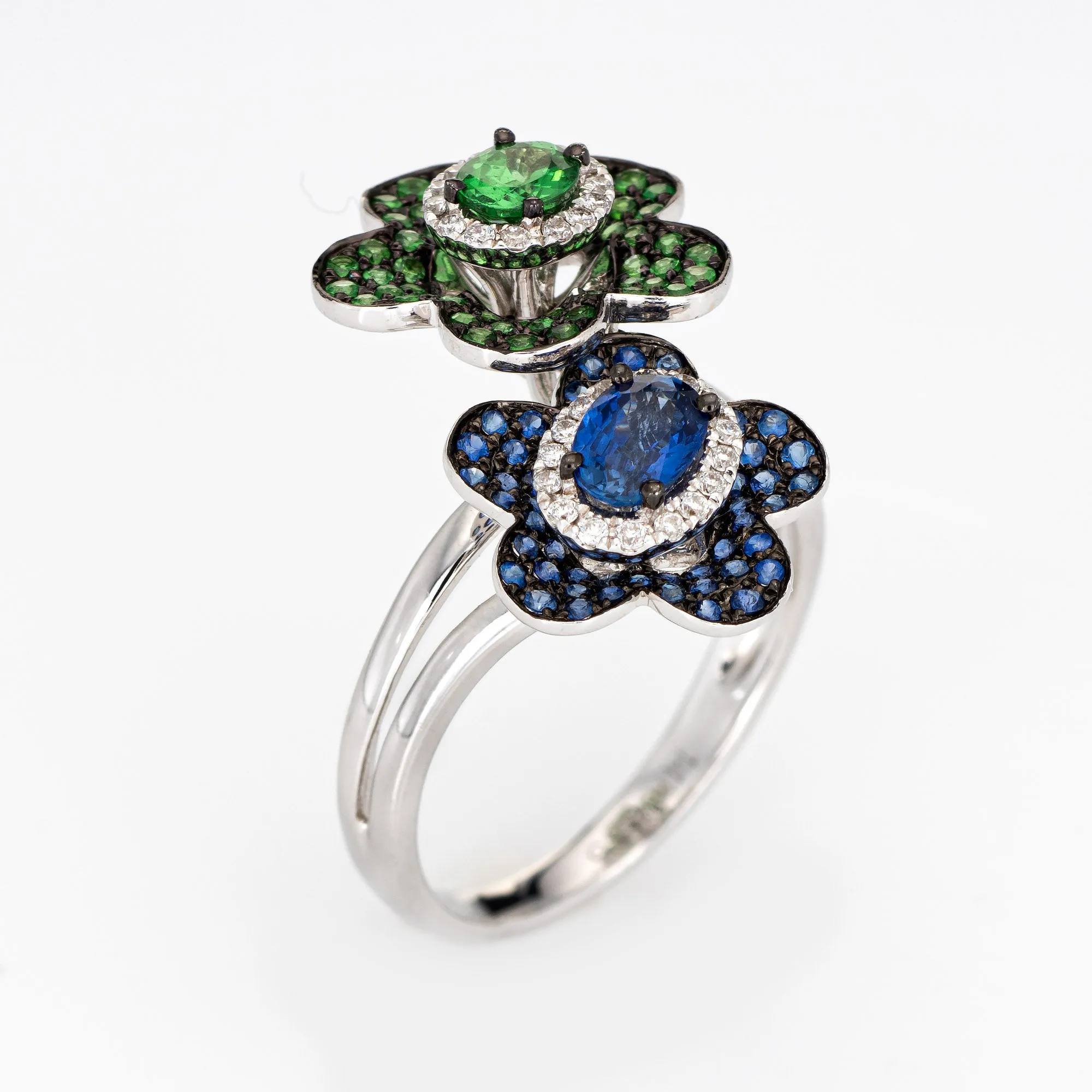 Sapphire Tsavorite Garnet Diamond Ring Moi et Toi 14k White Gold Jewelry 6.5
