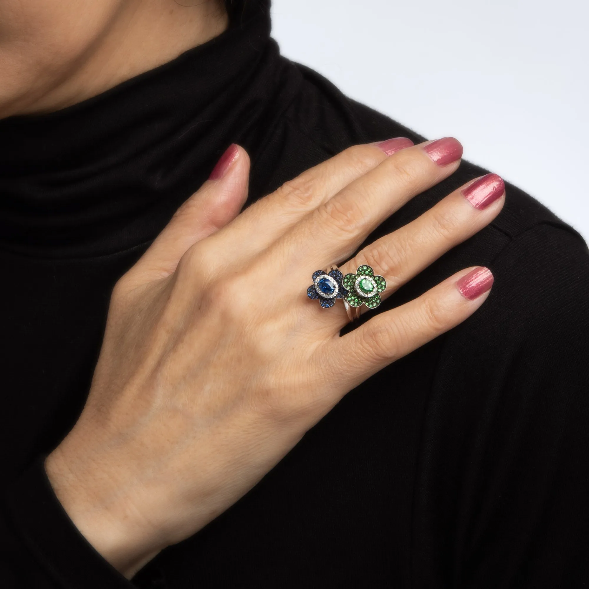 Sapphire Tsavorite Garnet Diamond Ring Moi et Toi 14k White Gold Jewelry 6.5