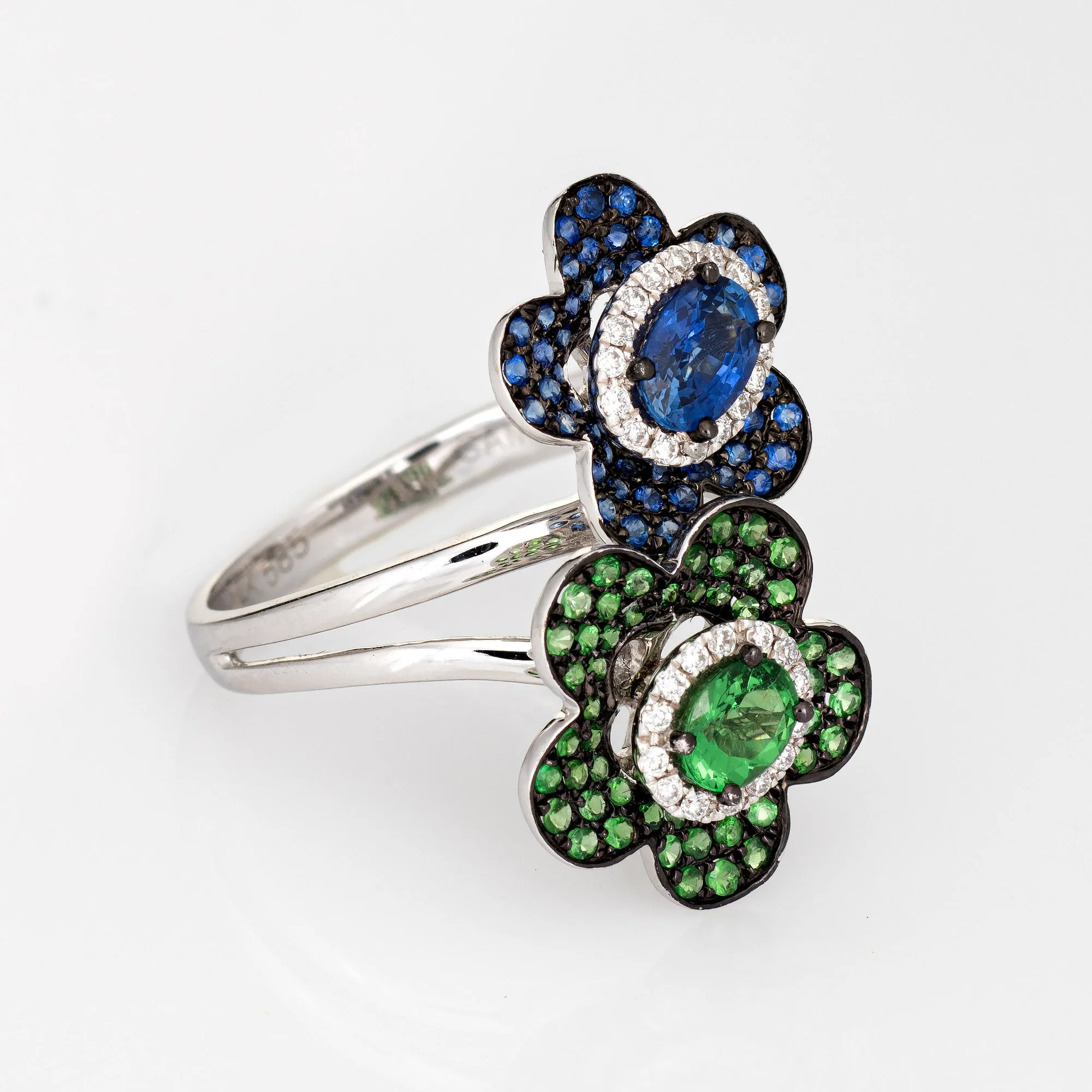 Sapphire Tsavorite Garnet Diamond Ring Moi et Toi 14k White Gold Jewelry 6.5