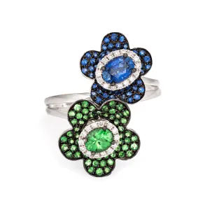 Sapphire Tsavorite Garnet Diamond Ring Moi et Toi 14k White Gold Jewelry 6.5