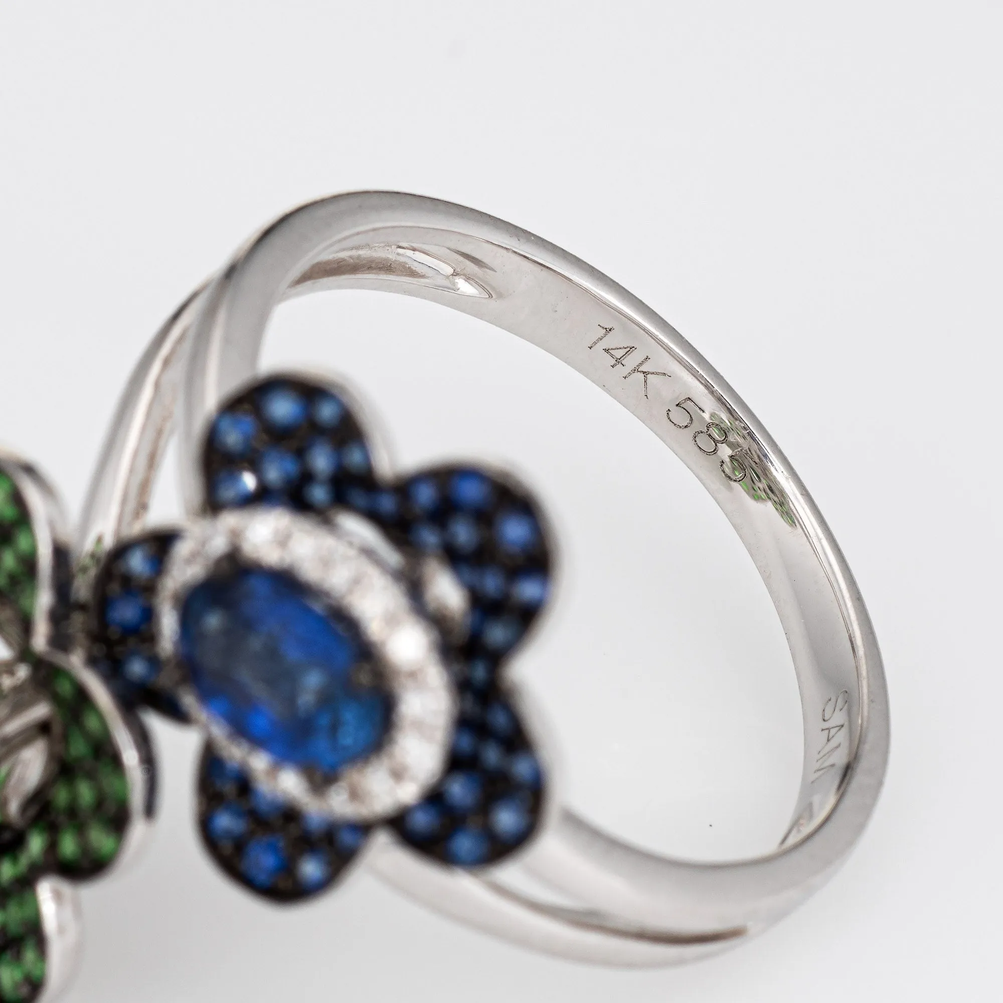 Sapphire Tsavorite Garnet Diamond Ring Moi et Toi 14k White Gold Jewelry 6.5