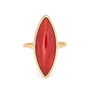 Sardinian Red Coral Ring Vintage 14k Yellow Gold Navette Mediterranean Jewelry