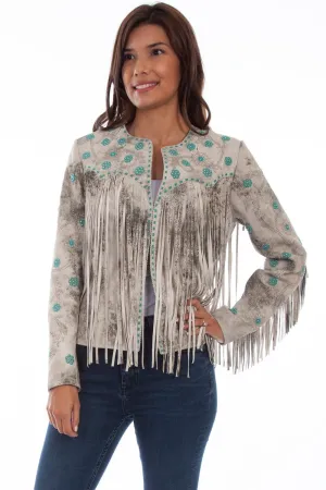 Scully Womens Vintage Cream Lamb Leather Turquoise Bead Jacket