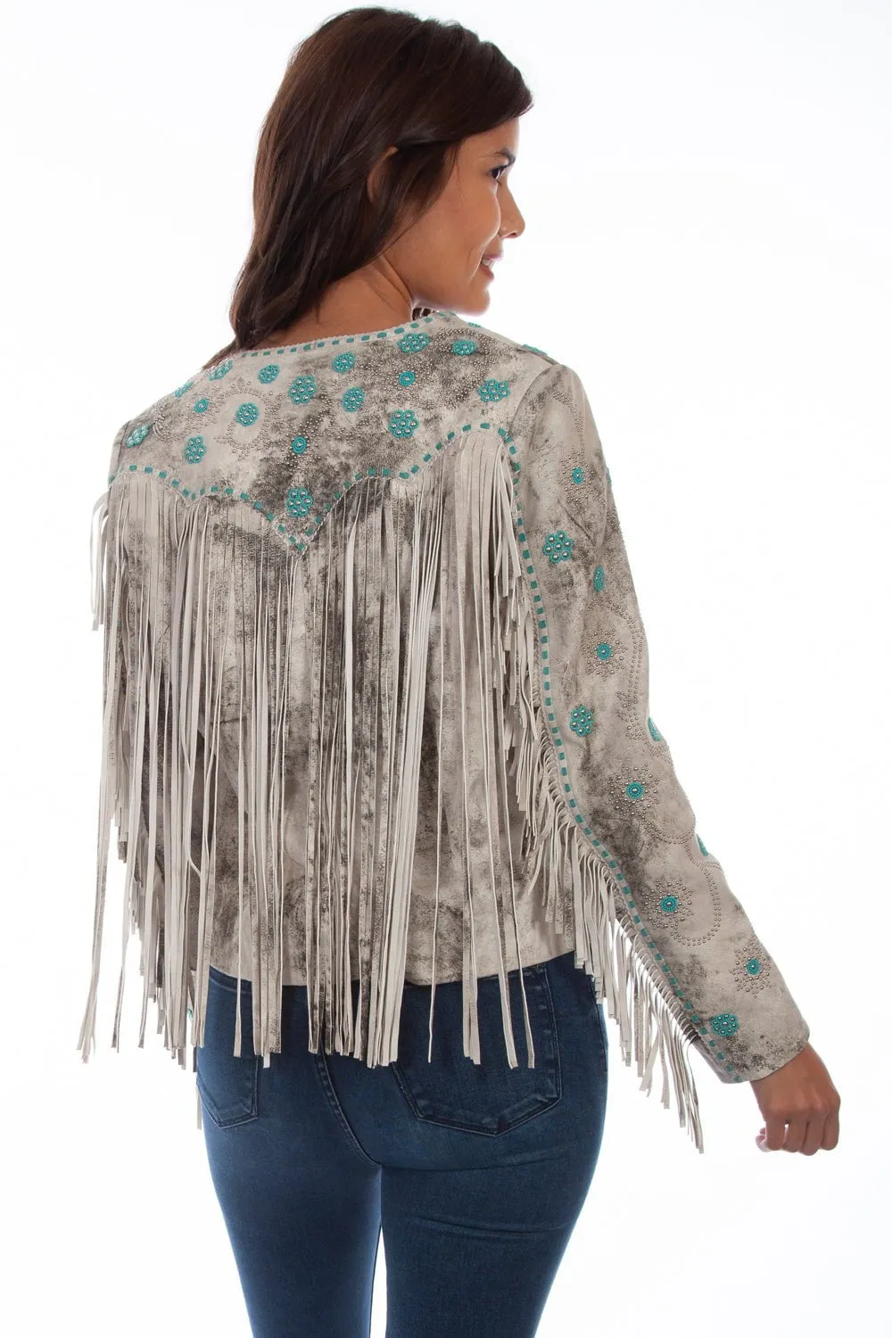 Scully Womens Vintage Cream Lamb Leather Turquoise Bead Jacket