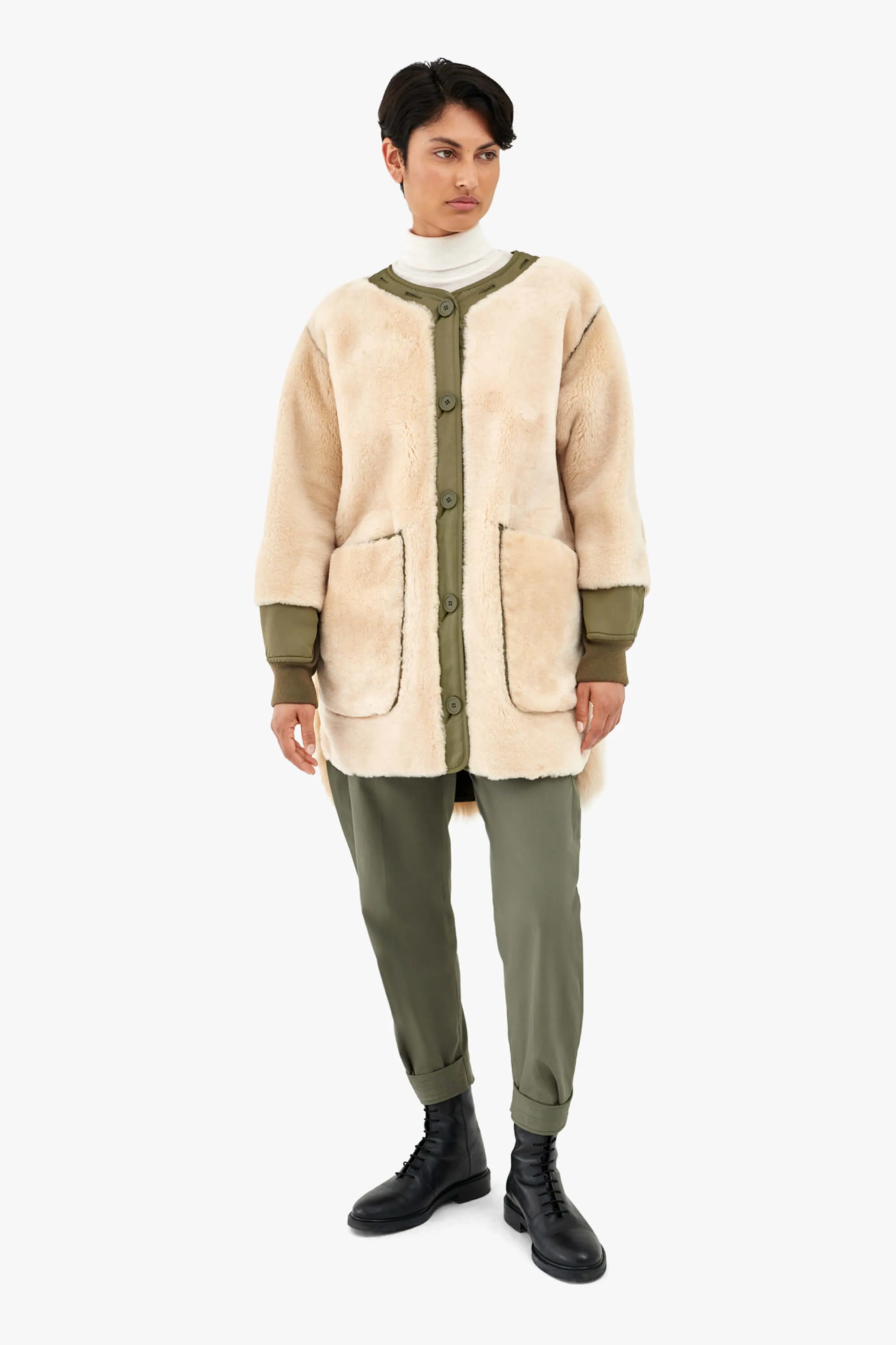 Shearling Coat - Blush / Dark Olive