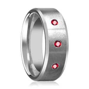 Silver Brushed Satin Finish Men's Tungsten Wedding Band with 3 Red Ruby in Center and Bevels - 8MM