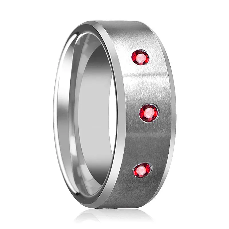 Silver Brushed Satin Finish Men's Tungsten Wedding Band with 3 Red Ruby in Center and Bevels - 8MM