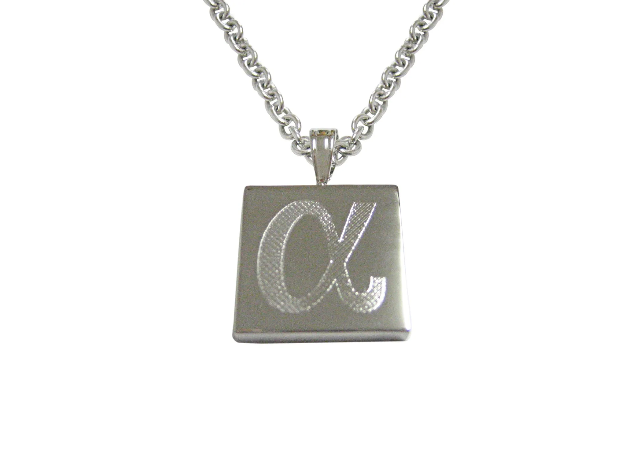 Silver Toned Etched Greek Letter Alpha Pendant Necklace