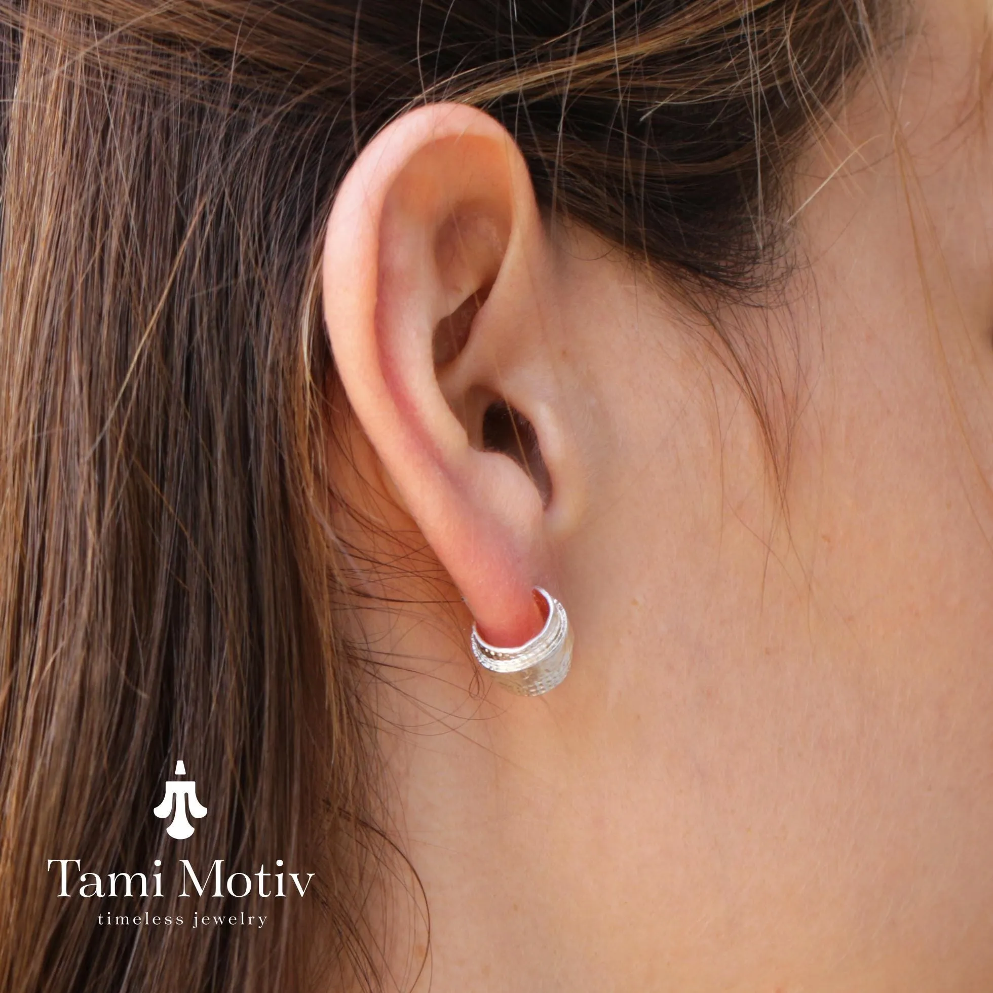 Silver Toned Half Hoop Textured Earrings