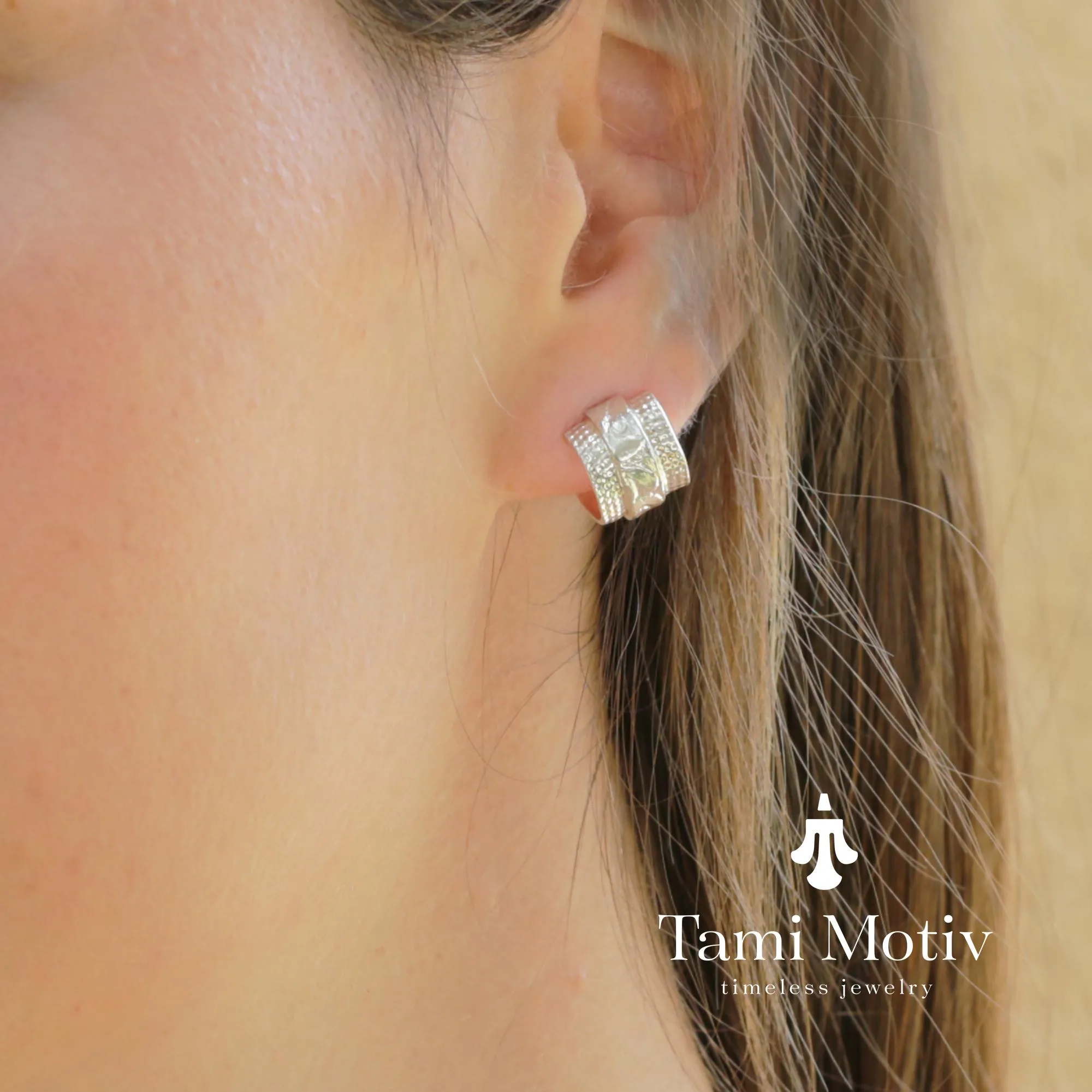 Silver Toned Half Hoop Textured Earrings