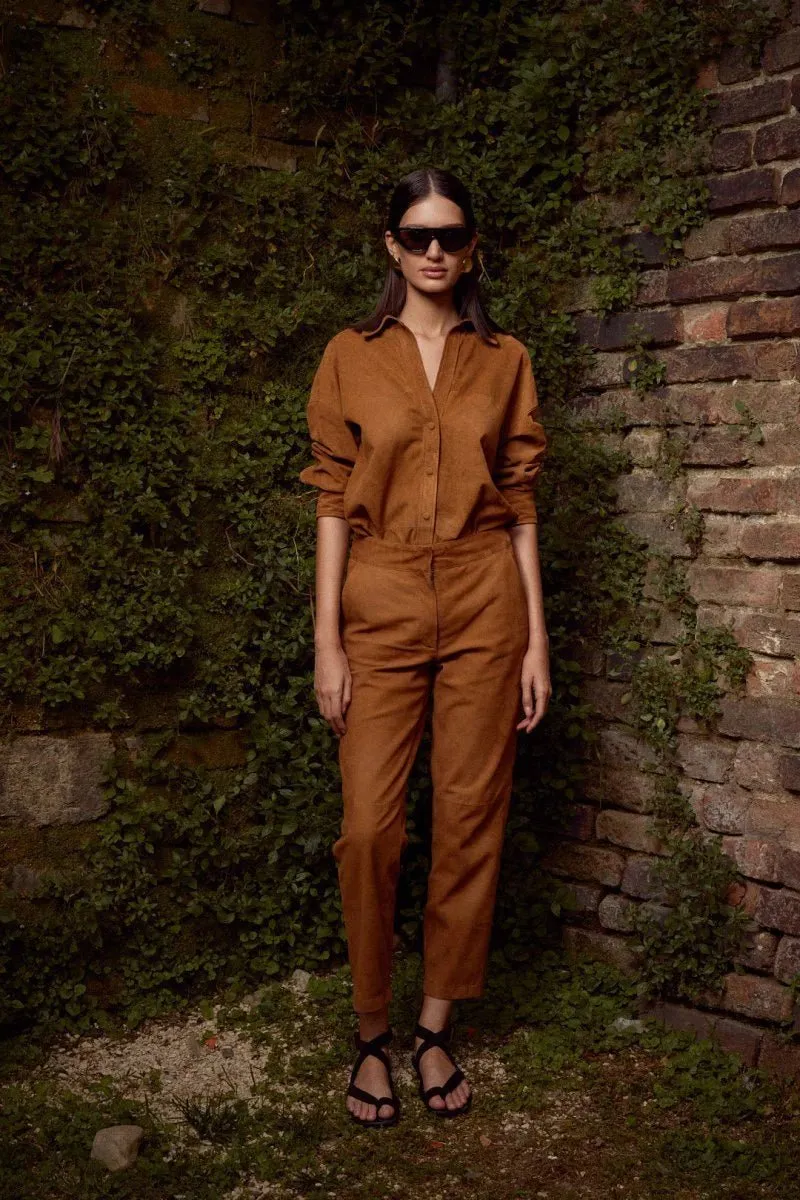 Silvia Women's Oversize Suede Leather Shirt - Snuff