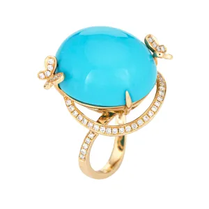 Sleeping Beauty Turquoise Ring Diamond Butterfly Estate 14k Gold Fine Jewelry