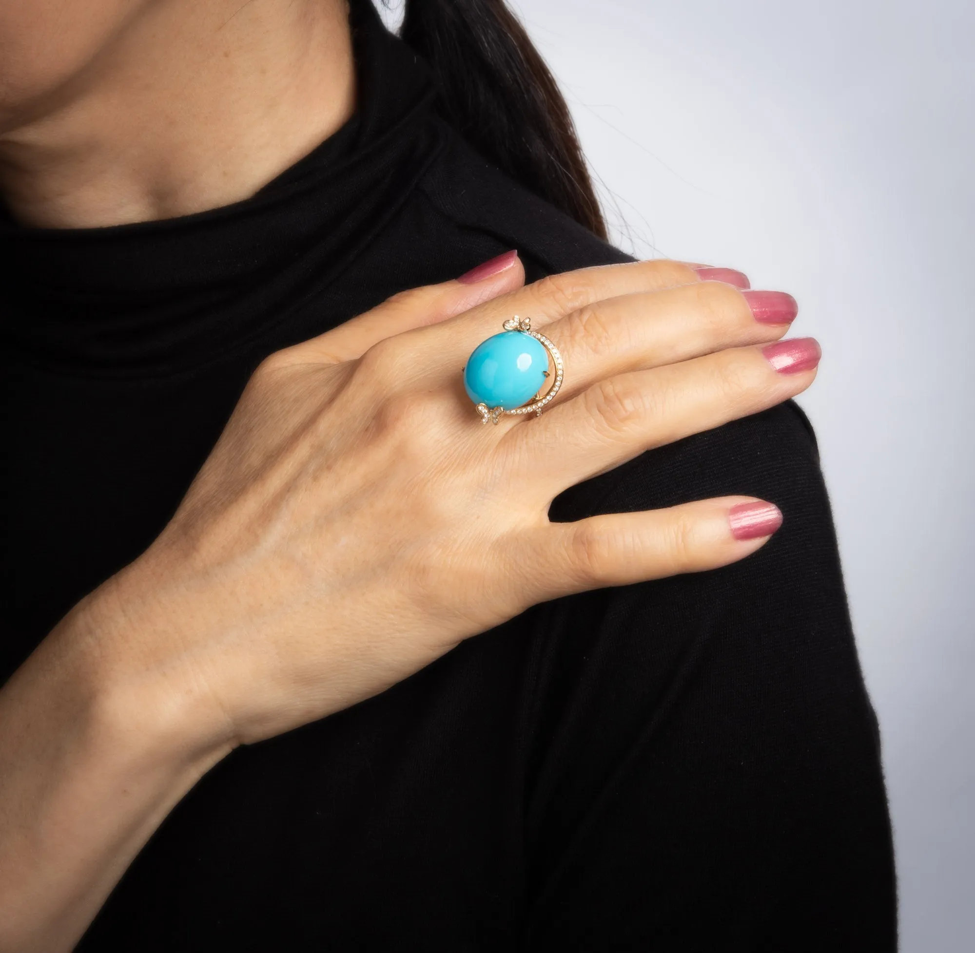 Sleeping Beauty Turquoise Ring Diamond Butterfly Estate 14k Gold Fine Jewelry