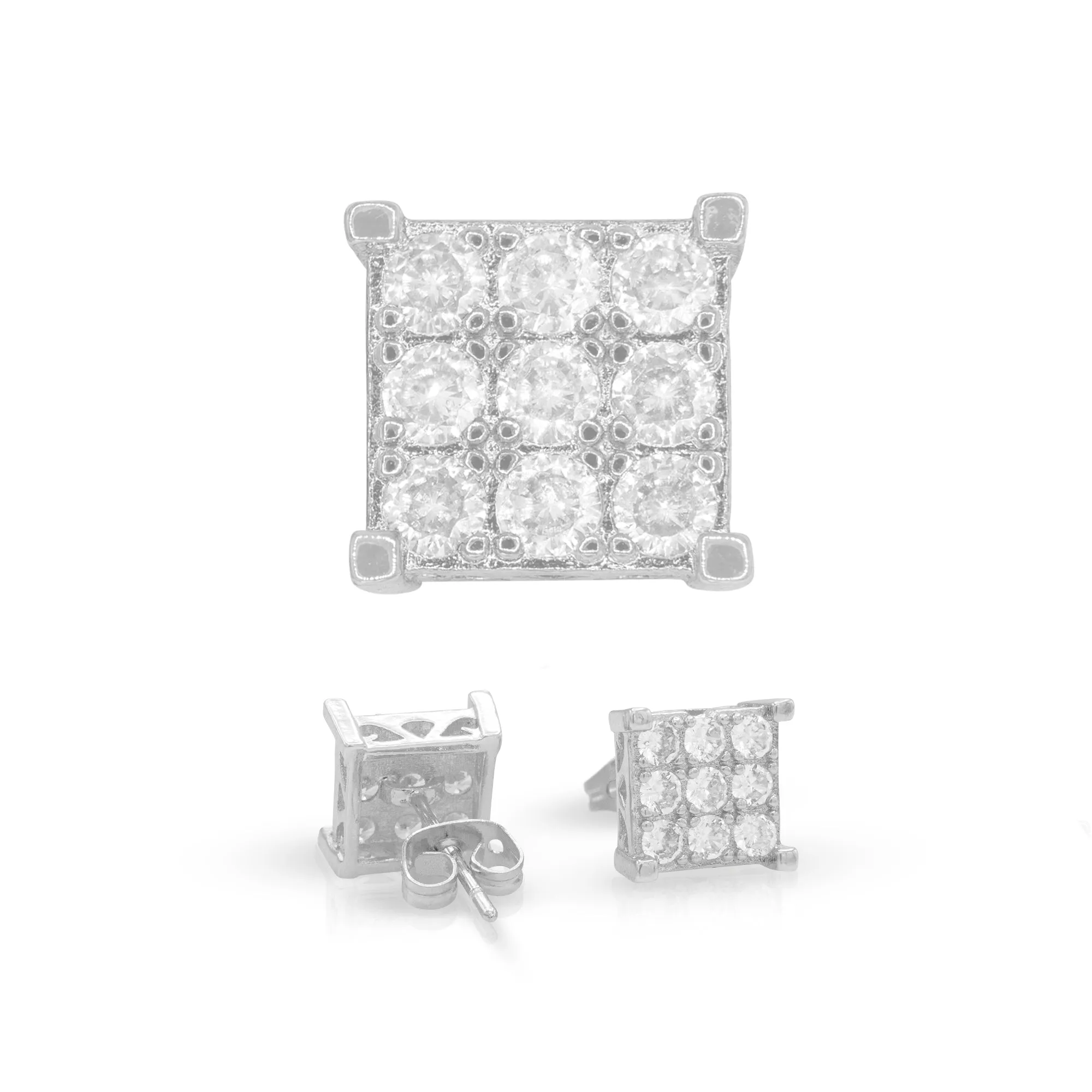 Square 13 Cubic Zirconia Earrings 14K Gold Filled Silver Hip Hop Studs Jewelry Women Men