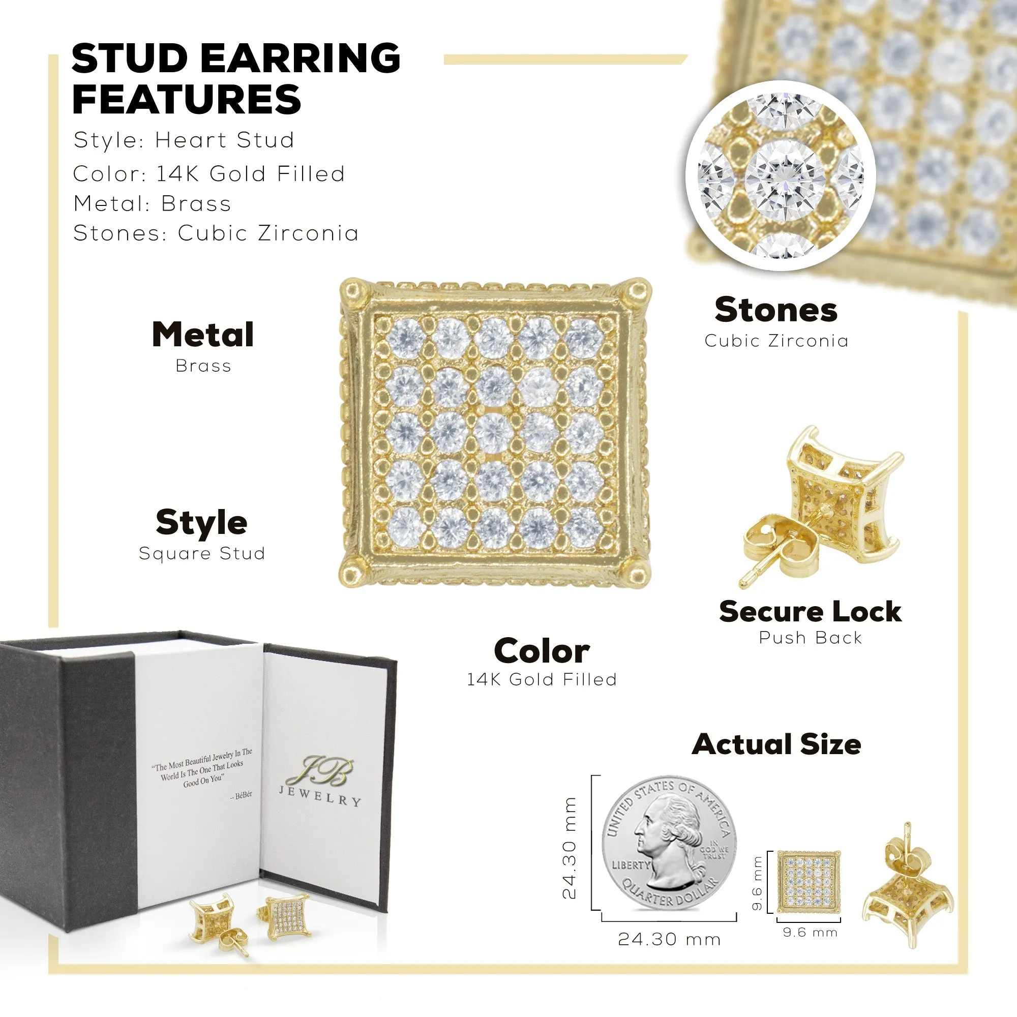 Square 18 Cubic Zirconia Earrings 14K Gold Filled Silver Hip Hop Studs Jewelry Women Men