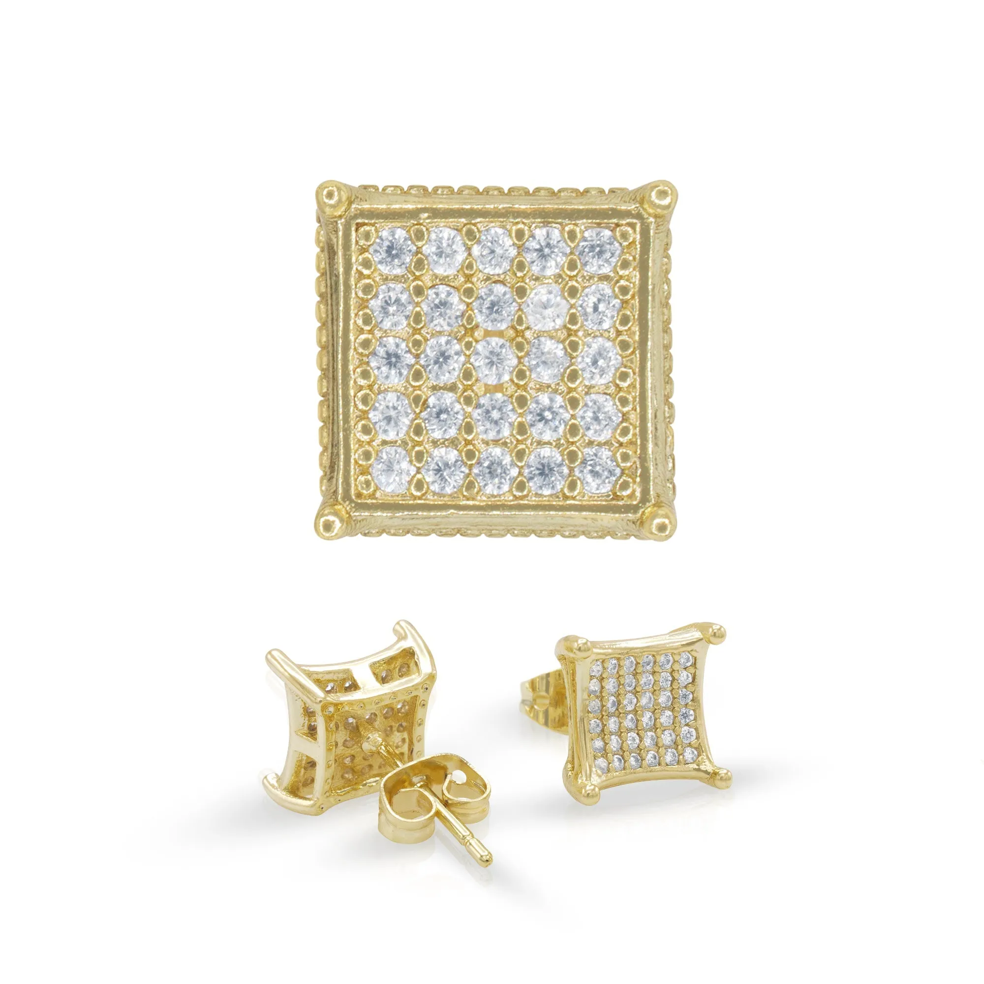 Square 18 Cubic Zirconia Earrings 14K Gold Filled Silver Hip Hop Studs Jewelry Women Men