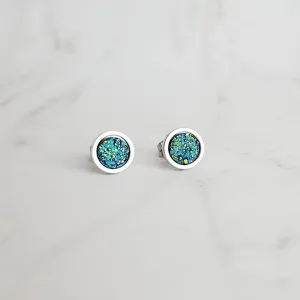 Stainless Stud Earrings, cobalt blue stud, aqua teal blue earring, peacock blue earring, faux druzy stone stud, rough surface hypoallergenic