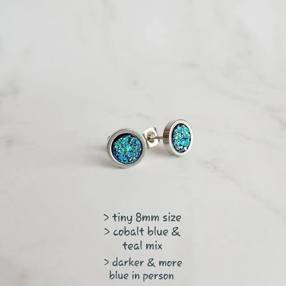 Stainless Stud Earrings, cobalt blue stud, aqua teal blue earring, peacock blue earring, faux druzy stone stud, rough surface hypoallergenic