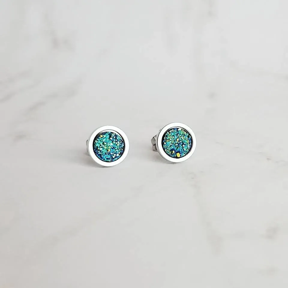 Stainless Stud Earrings, cobalt blue stud, aqua teal blue earring, peacock blue earring, faux druzy stone stud, rough surface hypoallergenic