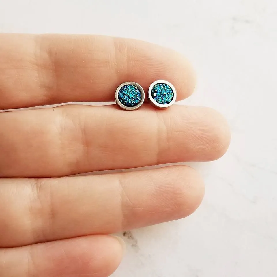 Stainless Stud Earrings, cobalt blue stud, aqua teal blue earring, peacock blue earring, faux druzy stone stud, rough surface hypoallergenic