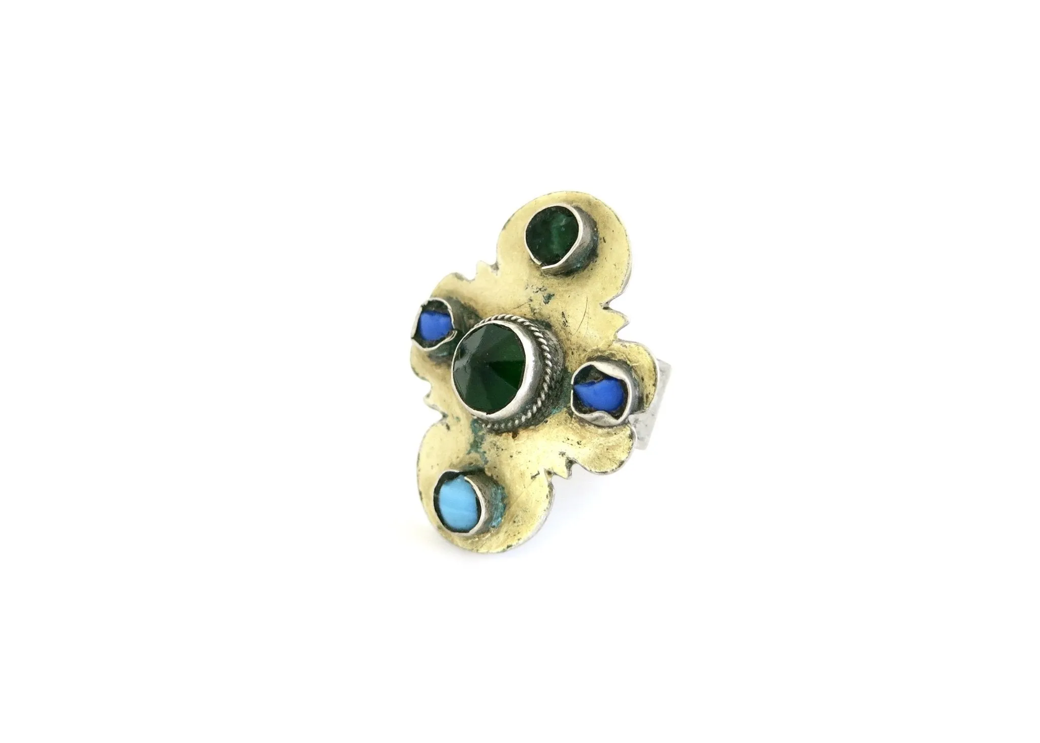 Statement, gold wash Turkmen ring with green and blue stones