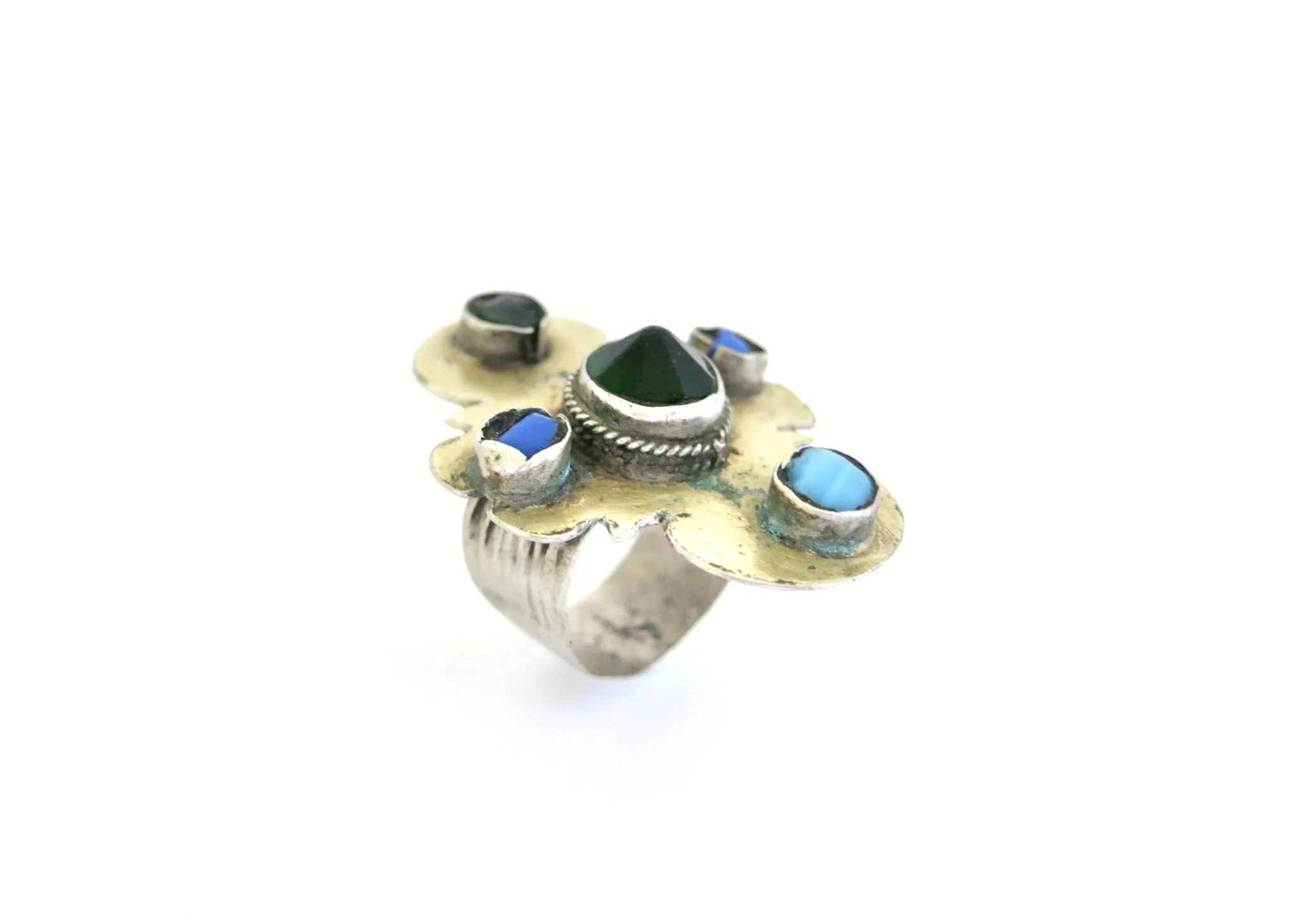 Statement, gold wash Turkmen ring with green and blue stones