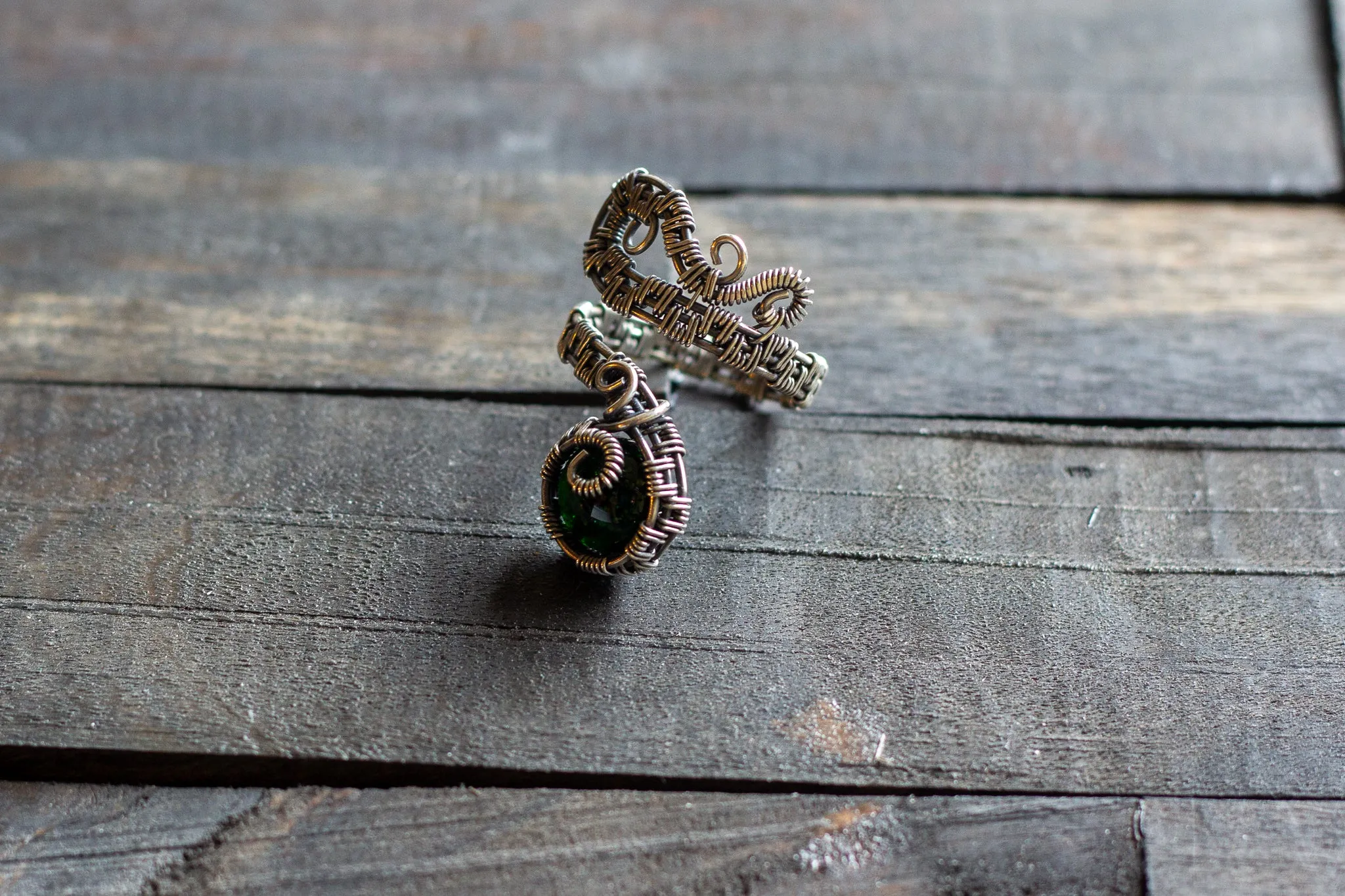 Sterling Silver Adjustable Ring with Glittery Green Dichroic Fused Glass Accent
