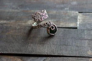 Sterling Silver Adjustable Ring with Glittery Green Dichroic Fused Glass Accent