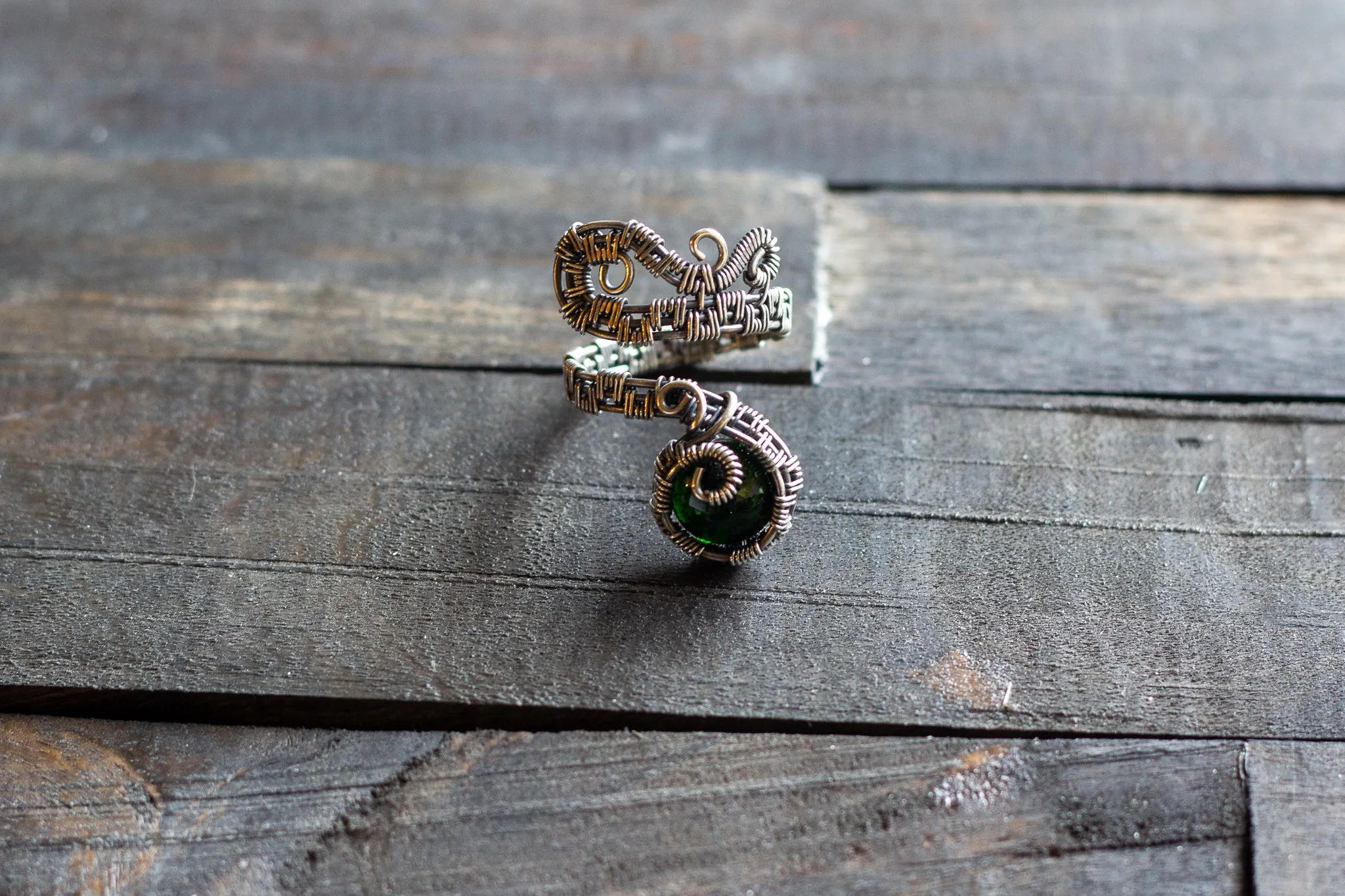Sterling Silver Adjustable Ring with Glittery Green Dichroic Fused Glass Accent