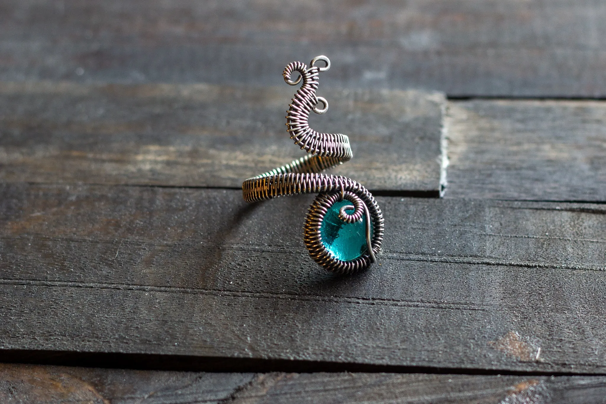 Sterling Silver Adjustable Ring with Ice Blue Fused Glass Accent