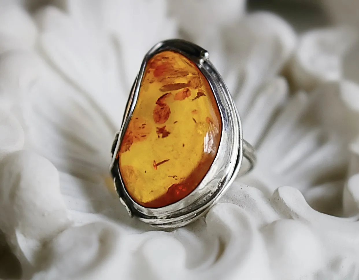 Sterling Silver & Natural Amber Ring with Art Nouveau Style Setting