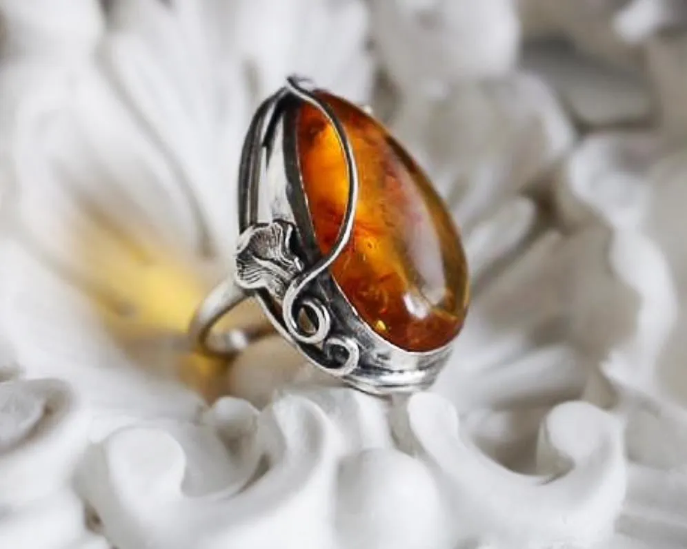 Sterling Silver & Natural Amber Ring with Art Nouveau Style Setting